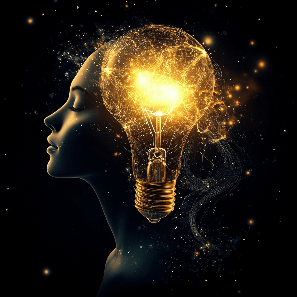Rostro de mujer con estilo futurista, una bombilla encendida fusionada con la imagen y la luz coincide con el cerebro, símbolo de Desarrollo Personal
